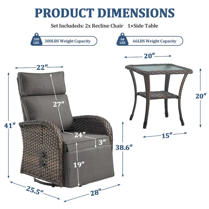 Ensemble Pocassy de 3 pièces comprenant une chaise longue d’extérieur polyvalente avec table d’appoint et coussin gris