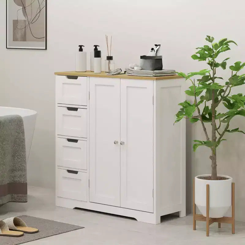 HOMCOM Mobiletto da bagno da pavimento con ripiano regolabile, mobile contenitore da bagno indipendente con 4 cassetti e 2 ante, bianco