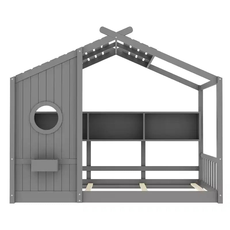 Cadre de lit plateforme en forme de maison, format une place et demie/double, lit cabane au sol pour tout-petit, lit Montessori pour enfant, lit maison de jeu avec étagère de rangement – ModernLuxe