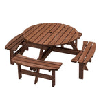 Ensemble de pique-nique et repas rond pour terrasse extérieure en bois de sapin, 8 personnes, avec 4 bancs intégrés et trou pour parasol