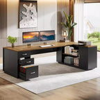Lantine 85.8 L-Shaped Executive Desk, Extra Large Office Computer Desk with File Drawers for Home Office