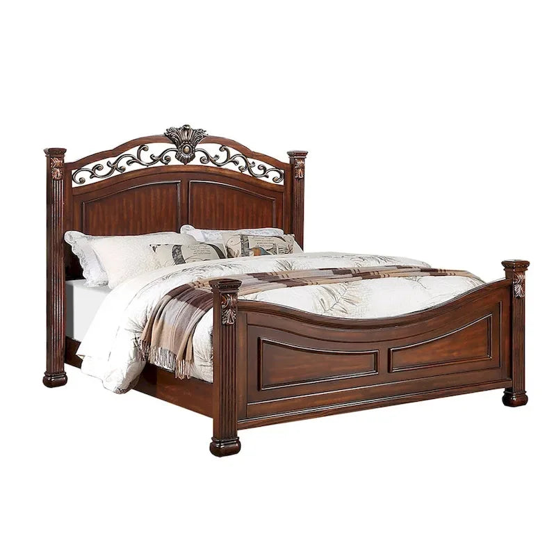 Letto in legno con testiera lavorata color ciliegio scuro
