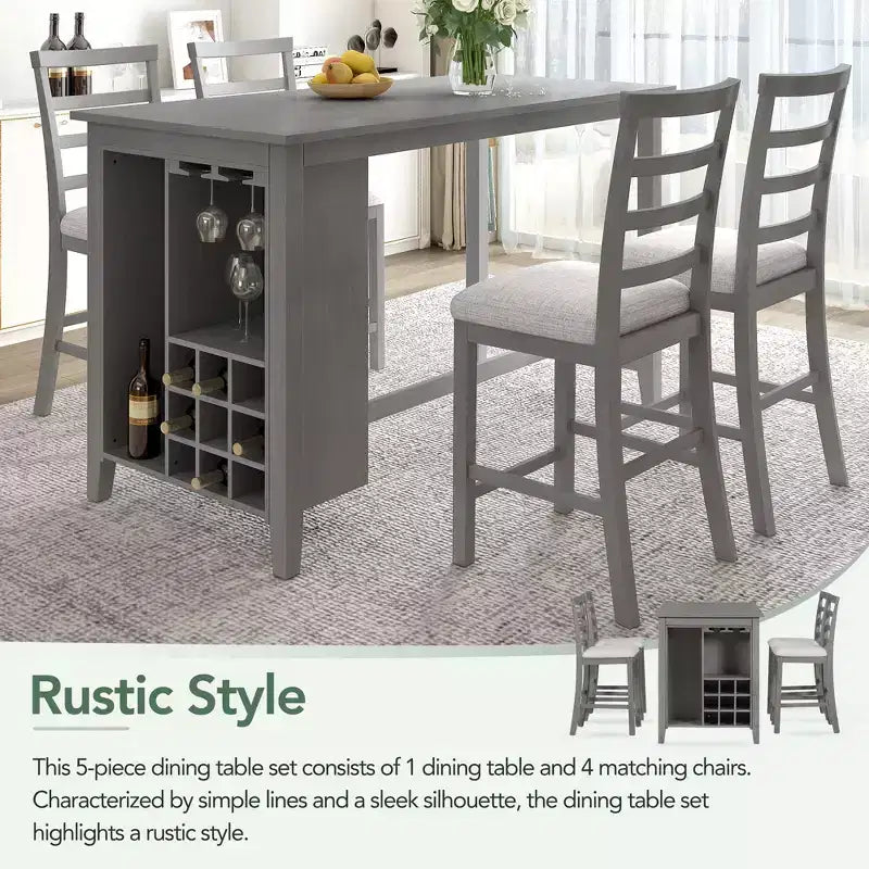 Set da pranzo in stile rustico composto da 5 pezzi, altezza bancone, con sedie per 4 persone, tavolo rettangolare in legno con ripiani contenitori e scomparto portabottiglie