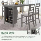 Set da pranzo in stile rustico composto da 5 pezzi, altezza bancone, con sedie per 4 persone, tavolo rettangolare in legno con ripiani contenitori e scomparto portabottiglie