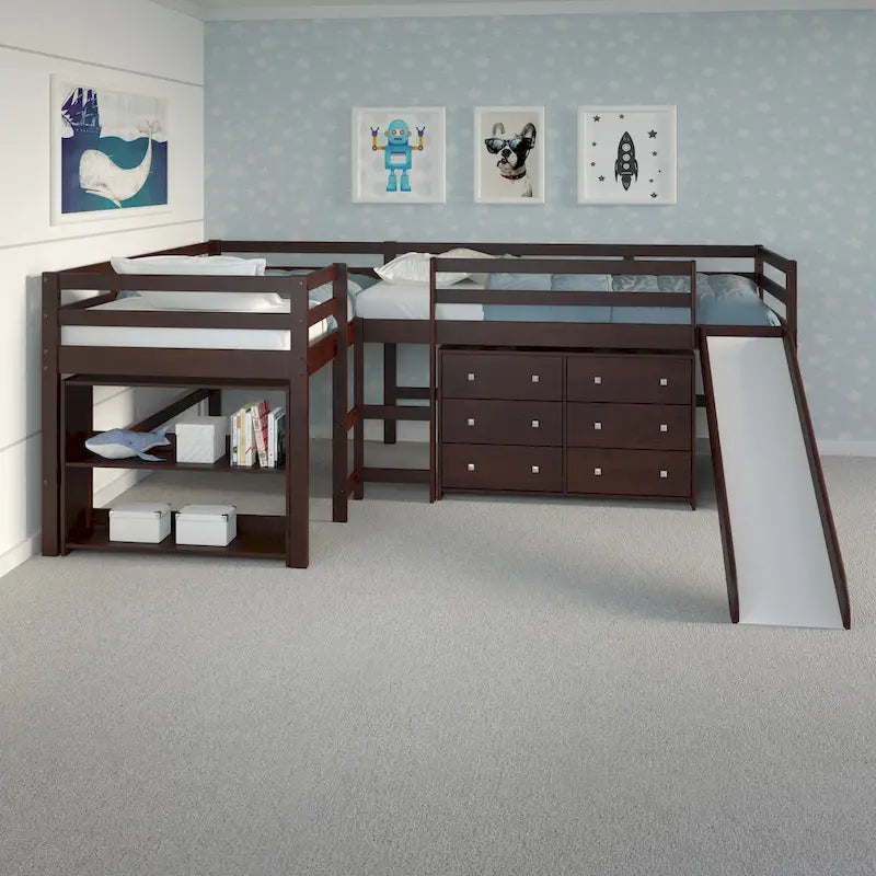 Double Twin L-Shaped Slide Loft Bedroom Set in Dark Cappuccino