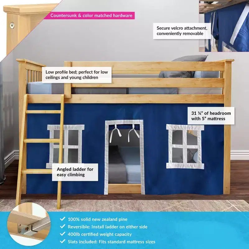 Lit superposé bas Max & Lily, 2 couchages simples, avec rideaux