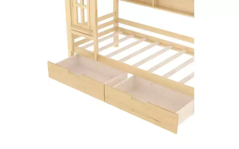 Haus-Hochbett mit Aufbewahrungsschubladen und Fenster, Rahmen aus Massivholz mit Regalen, kindlich-verspieltes Design, helles Weiß
