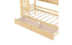 Haus-Hochbett mit Aufbewahrungsschubladen und Fenster, Rahmen aus Massivholz mit Regalen, kindlich-verspieltes Design, helles Weiß