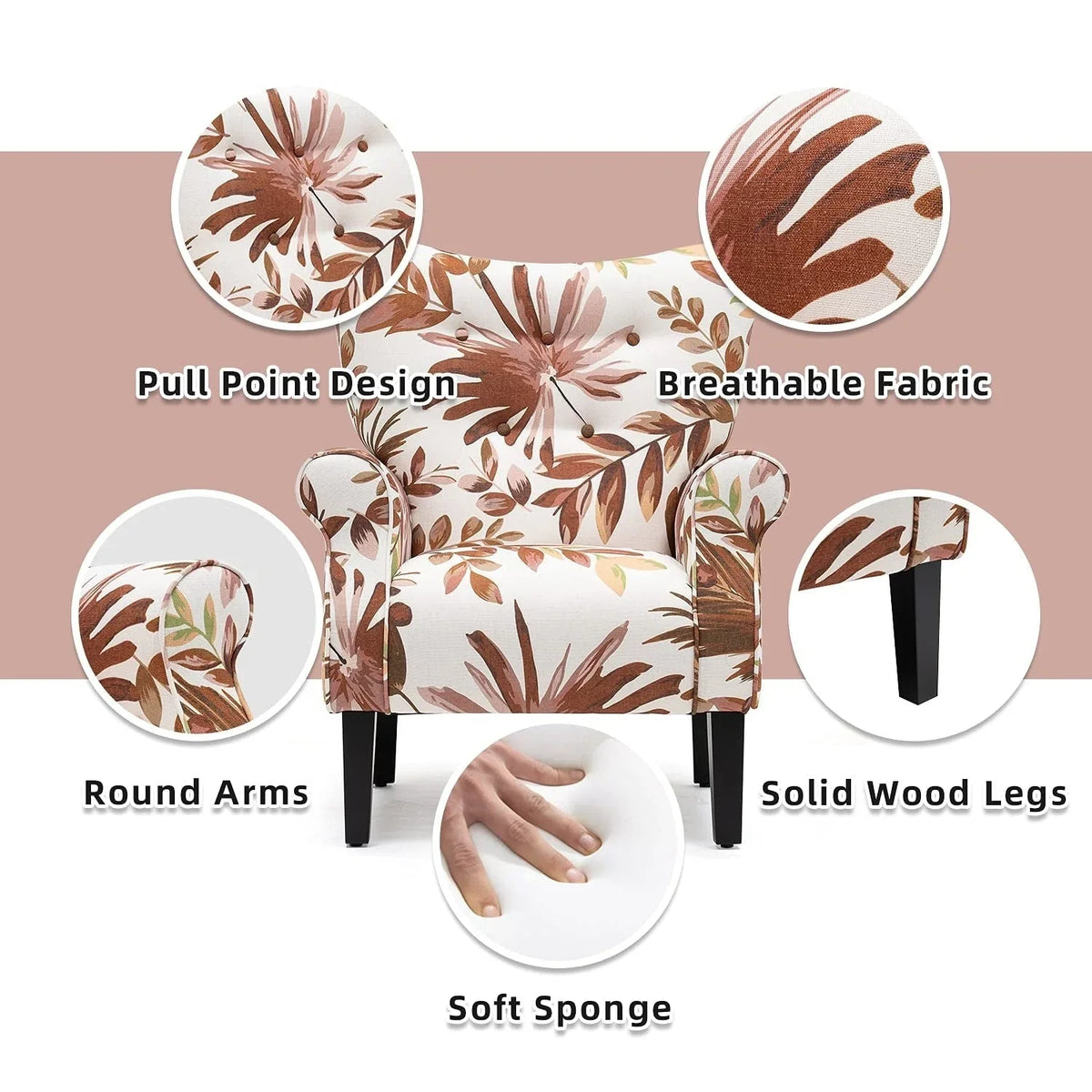 Fauteuil d’appoint moderne Erommy, fauteuil à dossier haut, canapé une place en tissu rembourré avec boutons et pieds en bois pour le salon