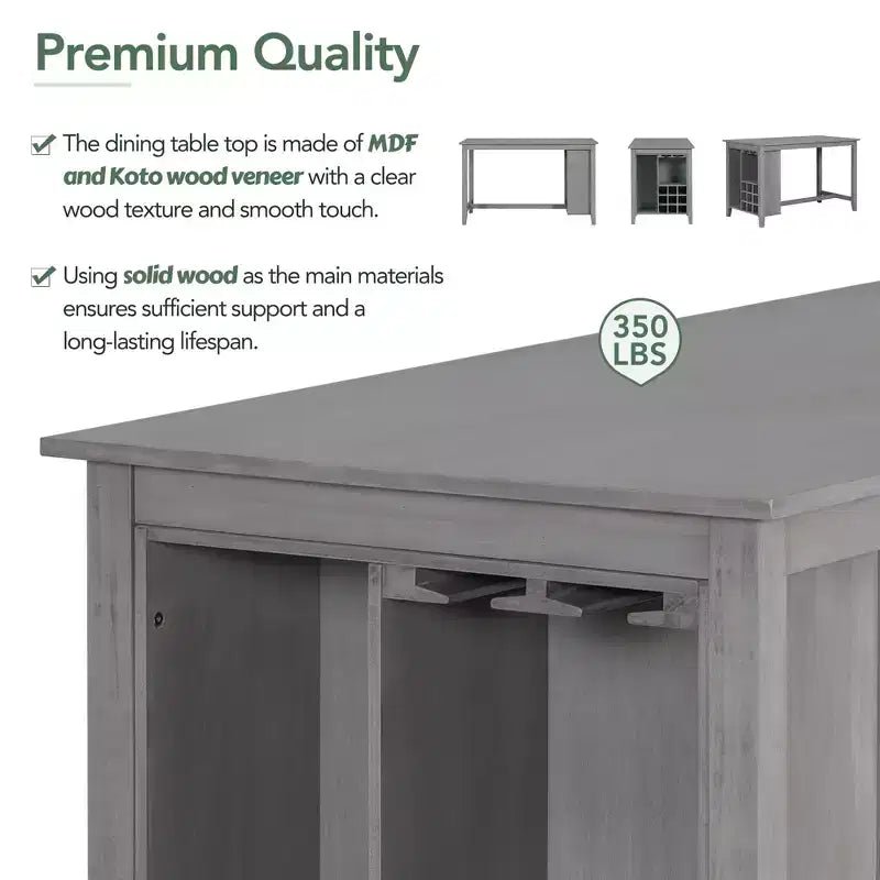 Set da pranzo in stile rustico composto da 5 pezzi, altezza bancone, con sedie per 4 persone, tavolo rettangolare in legno con ripiani contenitori e scomparto portabottiglie