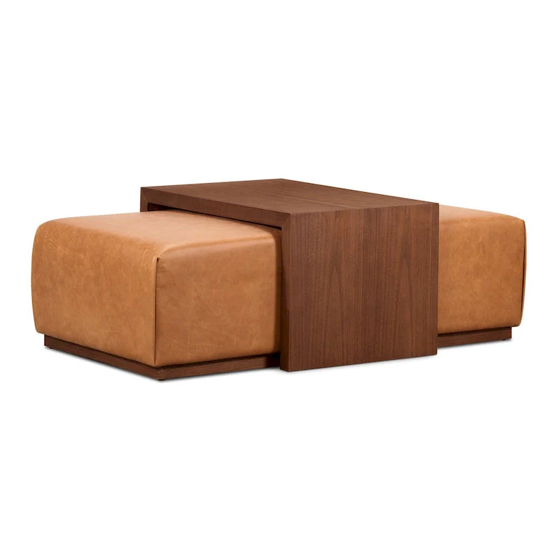 Pouf Jarmo Poly & Bark con tavolino regolabile in noce, vera pelle italiana pieno fiore