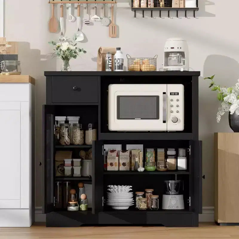 Meuble de cuisine pour micro-ondes avec rangement, 3 portes, 1 tiroir et étagères réglables, meuble de rangement garde-manger