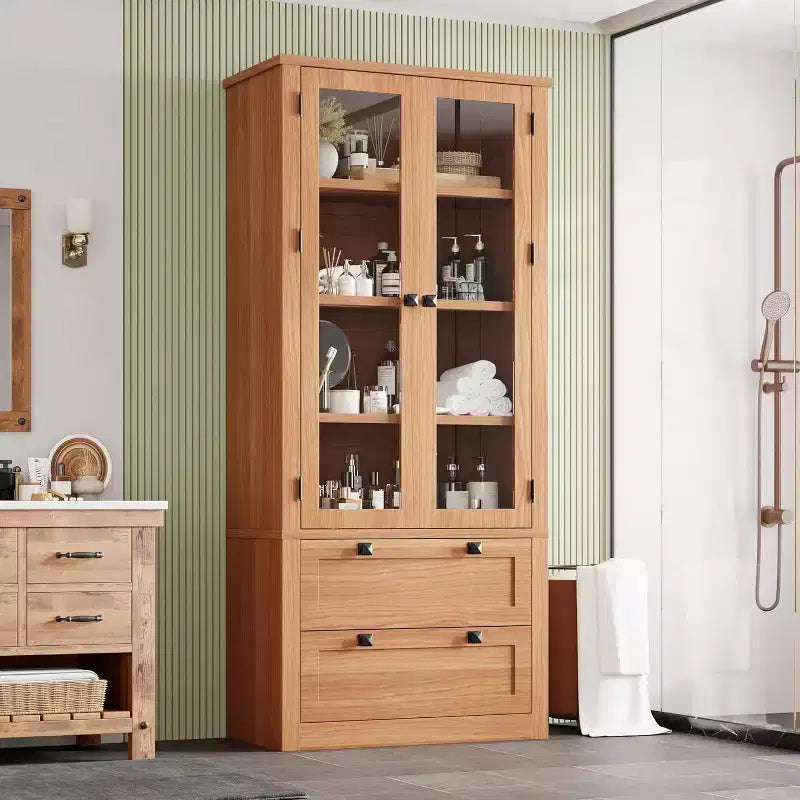 Dispensa da cucina in stile rustico con ante in vetro, mobile contenitore da 72 pollici con cassetti e ripiani regolabili per sala da pranzo, bagno e soggiorno