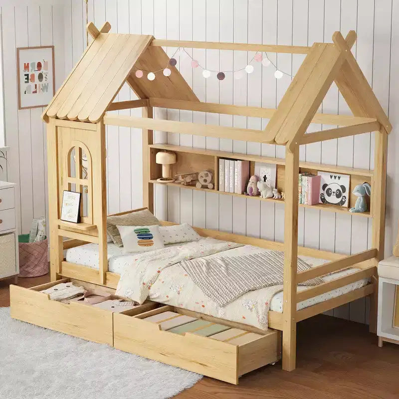 Haus-Hochbett mit Aufbewahrungsschubladen und Fenster, Rahmen aus Massivholz mit Regalen, kindlich-verspieltes Design, helles Weiß