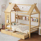 Haus-Hochbett mit Aufbewahrungsschubladen und Fenster, Rahmen aus Massivholz mit Regalen, kindlich-verspieltes Design, helles Weiß