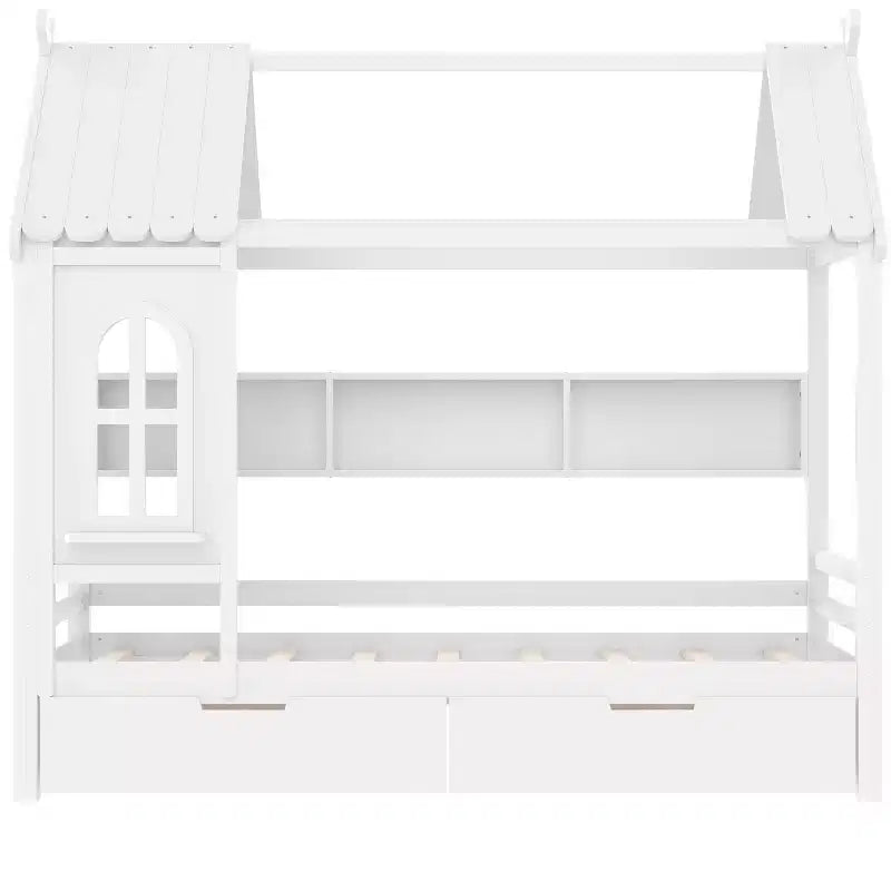 Haus-Hochbett mit Aufbewahrungsschubladen und Fenster, Rahmen aus Massivholz mit Regalen, kindlich-verspieltes Design, helles Weiß