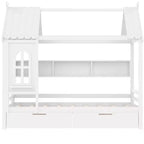 Haus-Hochbett mit Aufbewahrungsschubladen und Fenster, Rahmen aus Massivholz mit Regalen, kindlich-verspieltes Design, helles Weiß