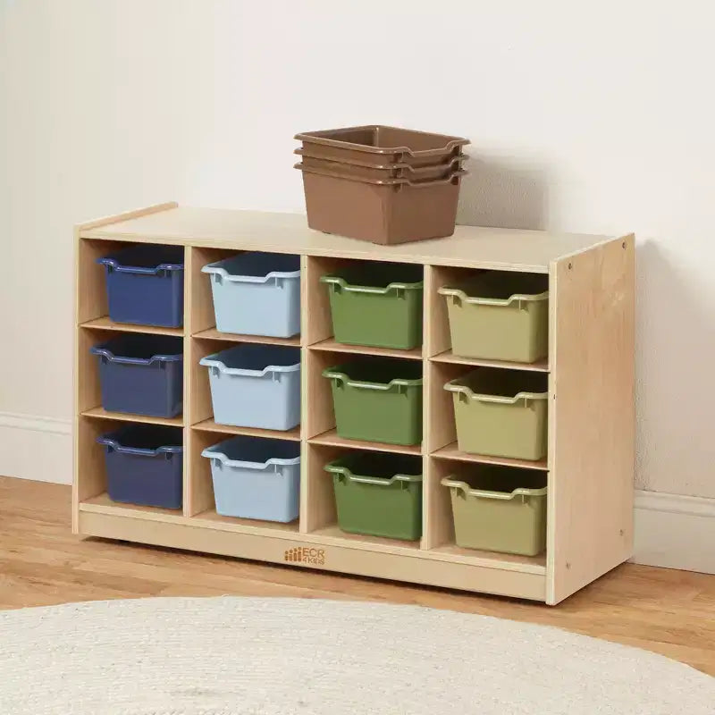 Mobiletto mobile con vassoi e 15 contenitori frontali a vaschetta, 3x4, arredo per bambini