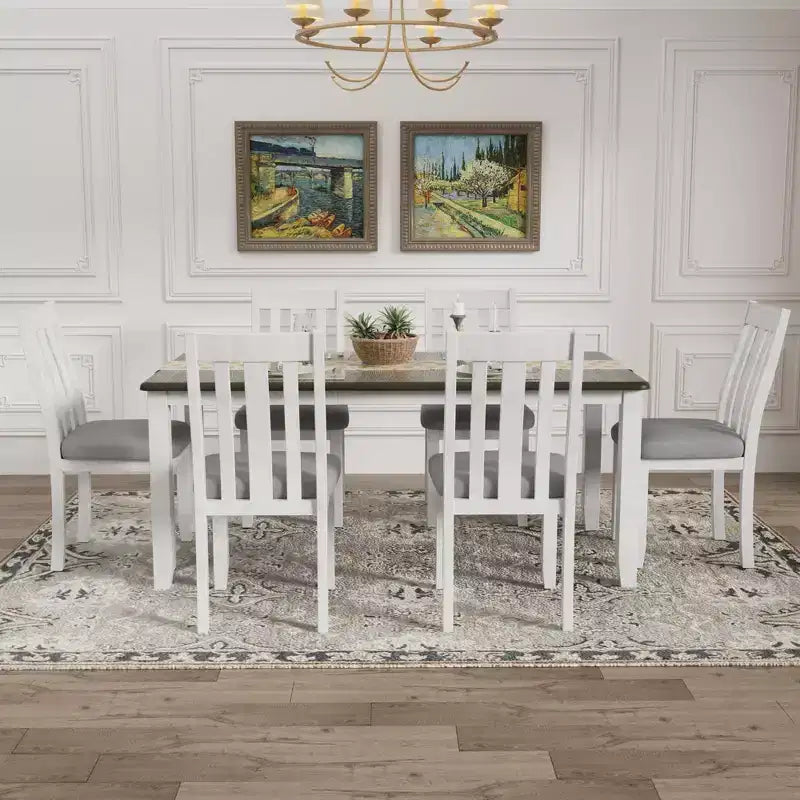 Ensemble de table à manger extensible de style champêtre pour 6 personnes, table rectangulaire et 6 chaises rembourrées
