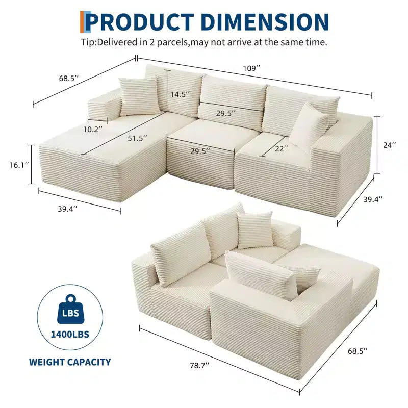 108 modernes Sofa, 3-Sitzer-Sofa in L-Form mit Polsterbezug und Kissen, Sofa mit tiefer Sitzfläche, keine Montage erforderlich