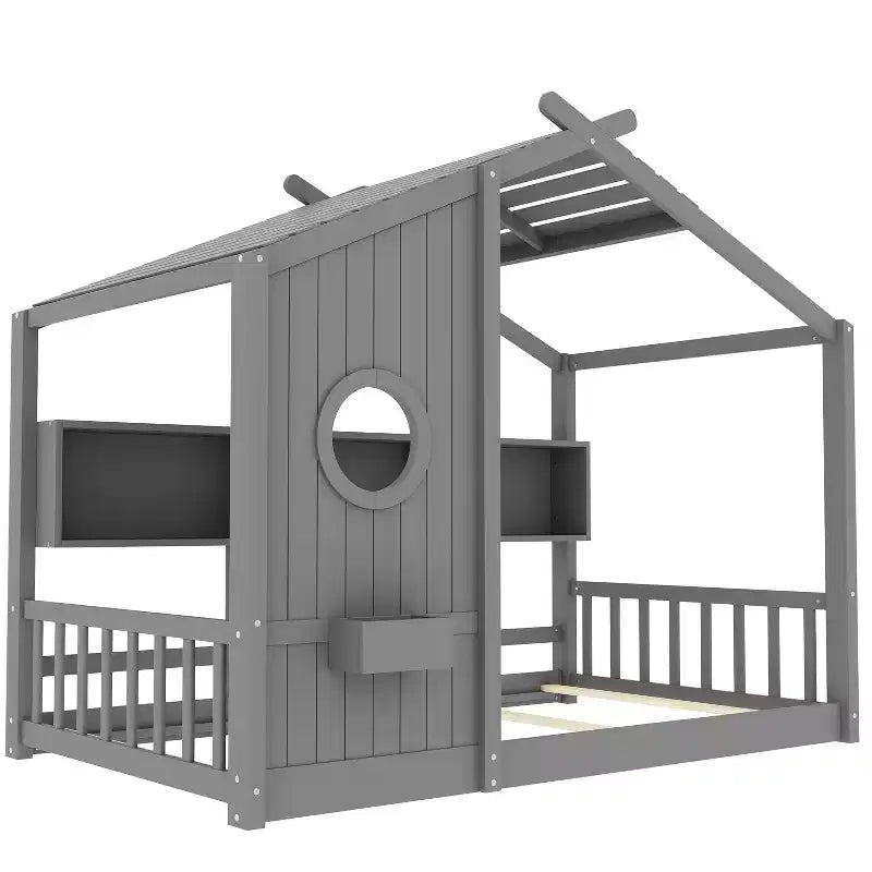 Cadre de lit plateforme en forme de maison, format une place et demie/double, lit cabane au sol pour tout-petit, lit Montessori pour enfant, lit maison de jeu avec étagère de rangement – ModernLuxe