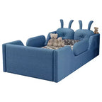 Letto a piattaforma singolo Whisen, struttura imbottita per letto a terra per bambini con cuscino a forma di coniglio e sponde laterali rimovibili