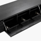 Meuble TV minimaliste avec tiroirs, console multimédia en bois massif avec placards, porte basculante, placage noyer, entièrement assemblée