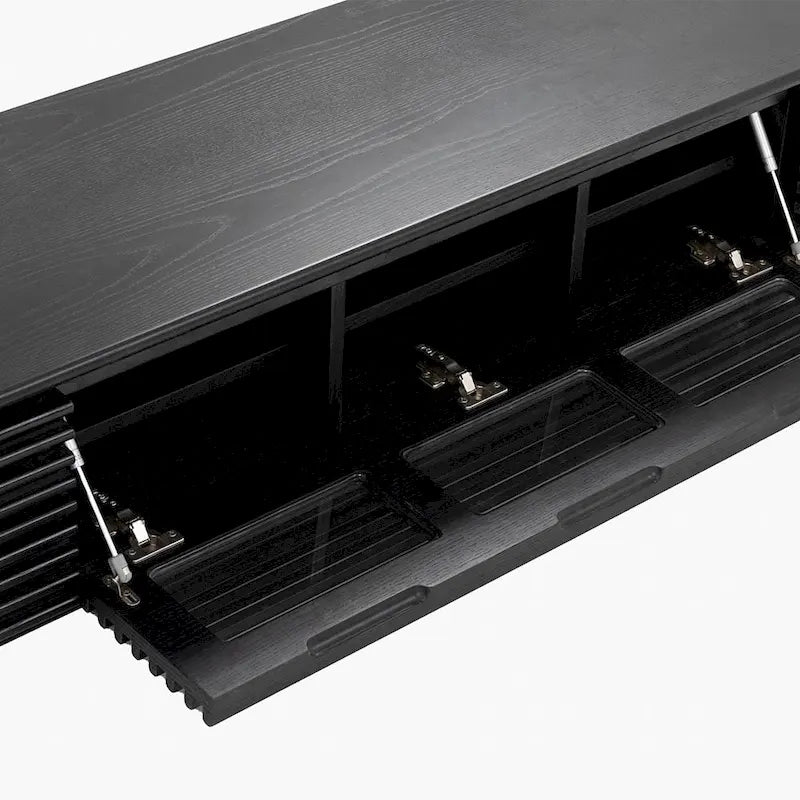 Meuble TV minimaliste avec tiroirs, console multimédia en bois massif avec placards, porte basculante, placage noyer, entièrement assemblée