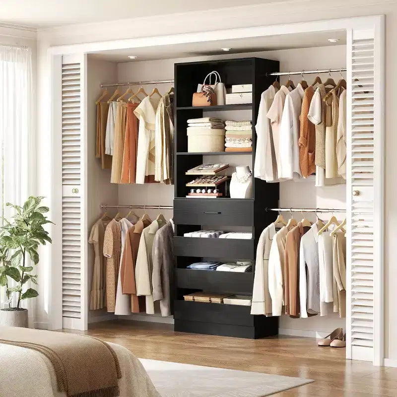 Système d’organisation de dressing en bois Besiost de 4 à 9 pieds avec 4 tiroirs, 4 tringles et des colonnes d’étagères