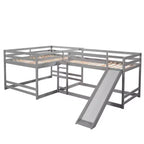 Lit superposé en L pour 4 enfants, lit superposé quadruple avec toboggan, structure en bois avec couchage double et simple pour chambre ou dortoir