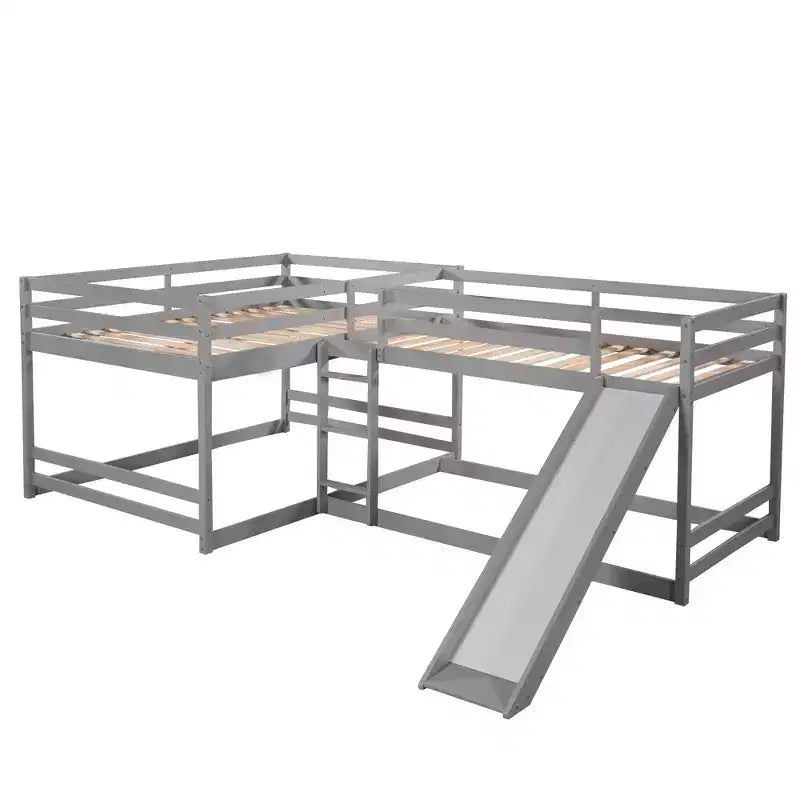 Lit superposé en L pour 4 enfants, lit superposé quadruple avec toboggan, structure en bois avec couchage double et simple pour chambre ou dortoir