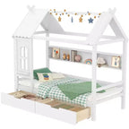 Haus-Hochbett mit Aufbewahrungsschubladen und Fenster, Rahmen aus Massivholz mit Regalen, kindlich-verspieltes Design, helles Weiß