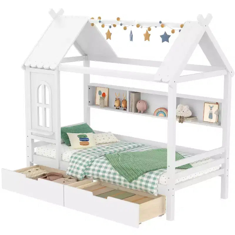 Haus-Hochbett mit Aufbewahrungsschubladen und Fenster, Rahmen aus Massivholz mit Regalen, kindlich-verspieltes Design, helles Weiß