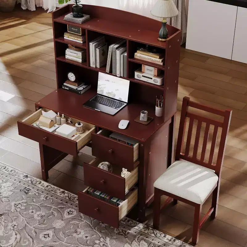 Scrivania moderna in legno per home office Okak con piano/sedia e libreria, scrivania da studio con spazio per adolescenti e studenti, per studio e ufficio