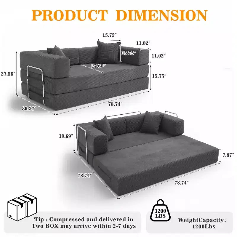 Canapé-lit pliant Dyonery 78 convertible en canapé en velours côtelé, format king, couchage au sol, 4-en-1, canapé modulaire à combiner soi-même, confortable et dépliant