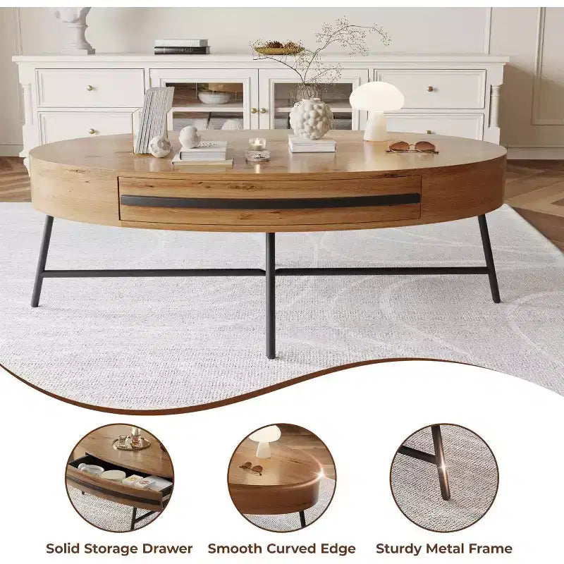 Table basse ovale Acekool avec tiroir, table de rangement en bois de 47,2 avec pieds en métal croisés, table centrale moderne du milieu du siècle en finition bois naturel et saule doré