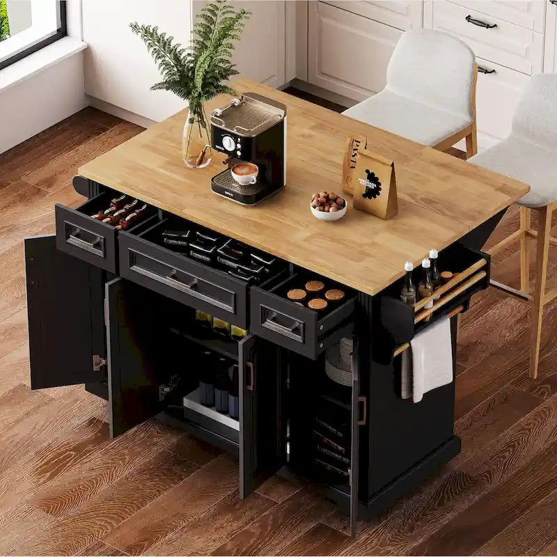 54 Grande isola da cucina con piano ribaltabile in legno di hevea, carrello da cucina con texture in rilievo su 4 ruote, 4 ante e 3 cassetti