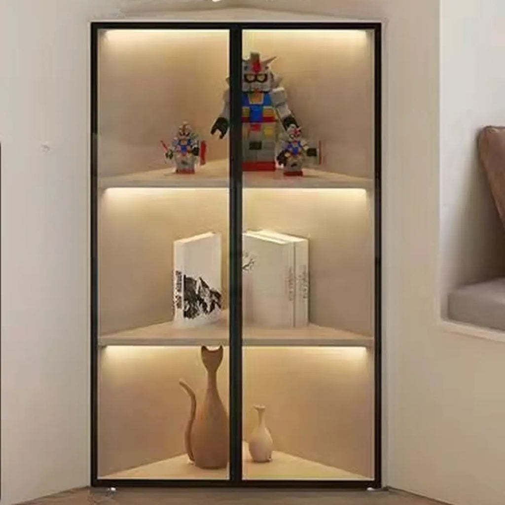 Mobile angolare moderno da esposizione in metallo e legno grigio con anta in vetro