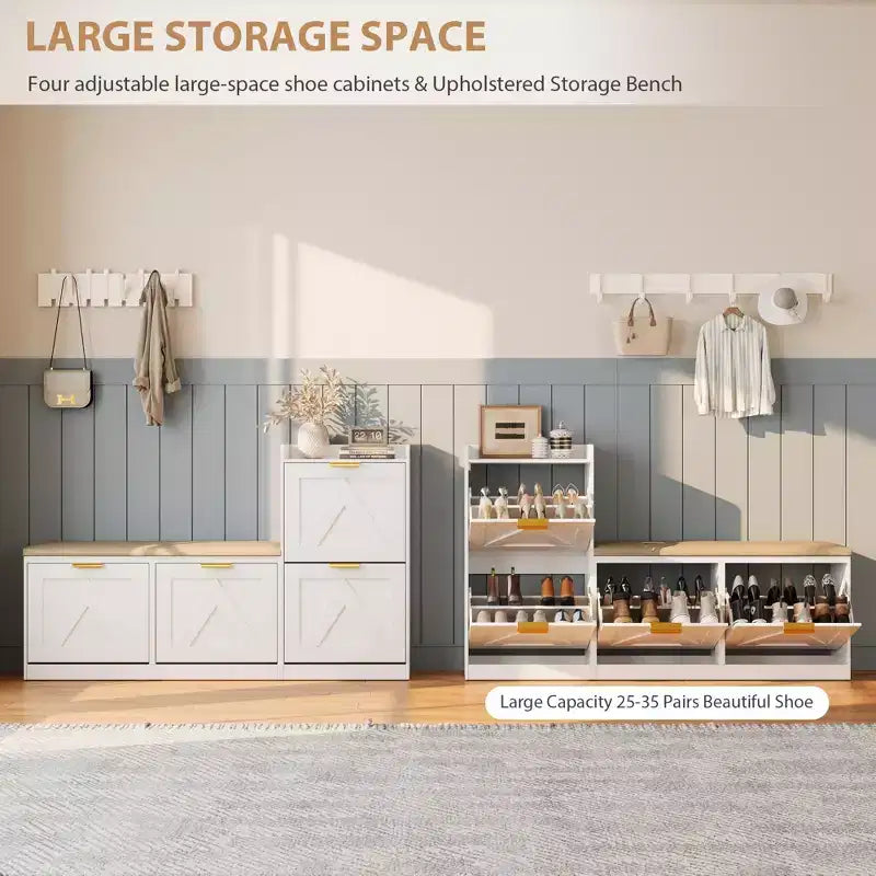 Meuble à chaussures de style maison de campagne avec banc, 4 tiroirs basculants, organisateur de rangement pour chaussures d’entrée avec assise rembourrée confortable, banc à chaussures autoportant