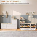 Meuble à chaussures de style maison de campagne avec banc, 4 tiroirs basculants, organisateur de rangement pour chaussures d’entrée avec assise rembourrée confortable, banc à chaussures autoportant