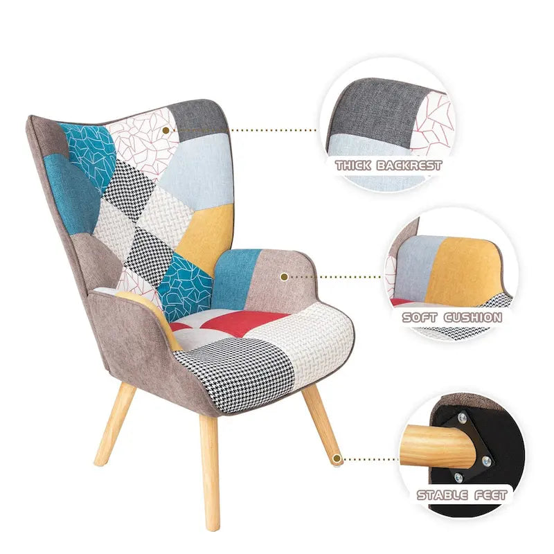 Fauteuil d’appoint avec pouf, ensemble fauteuil et pouf pour le salon, fauteuil d’appoint confortable avec accoudoirs pour la chambre, revêtement en tissu à motifs créatifs