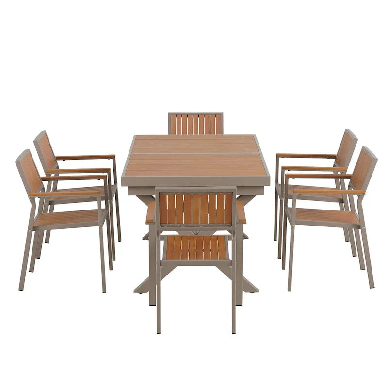 Set da pranzo da esterno estensibile da 7 pezzi con tavolo estensibile e 6 sedie con braccioli