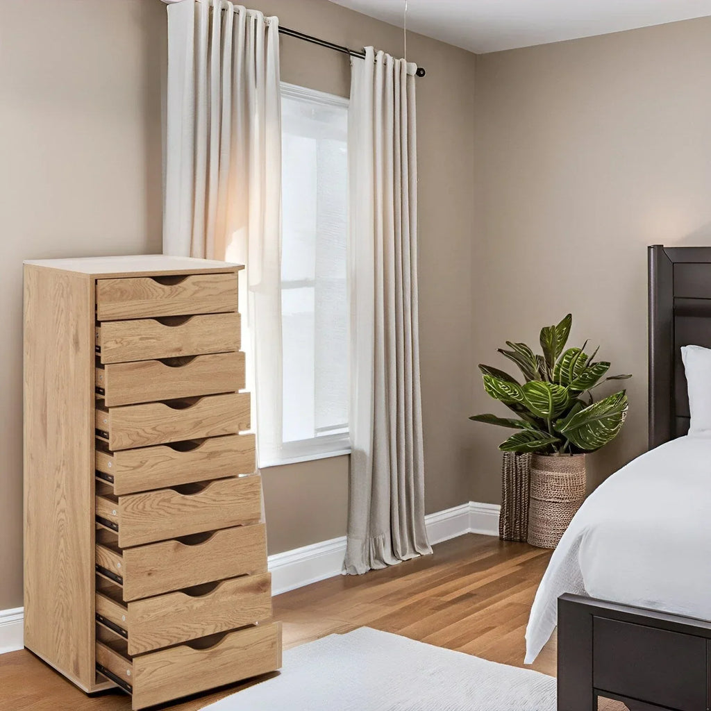 Meuble étroit en bois à 9 tiroirs avec tiroirs à coulissement fluide et étagère de rangement supérieure