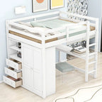 Lit mezzanine en bois 2 places avec armoire intégrée, bureau, étagères de rangement et tiroirs