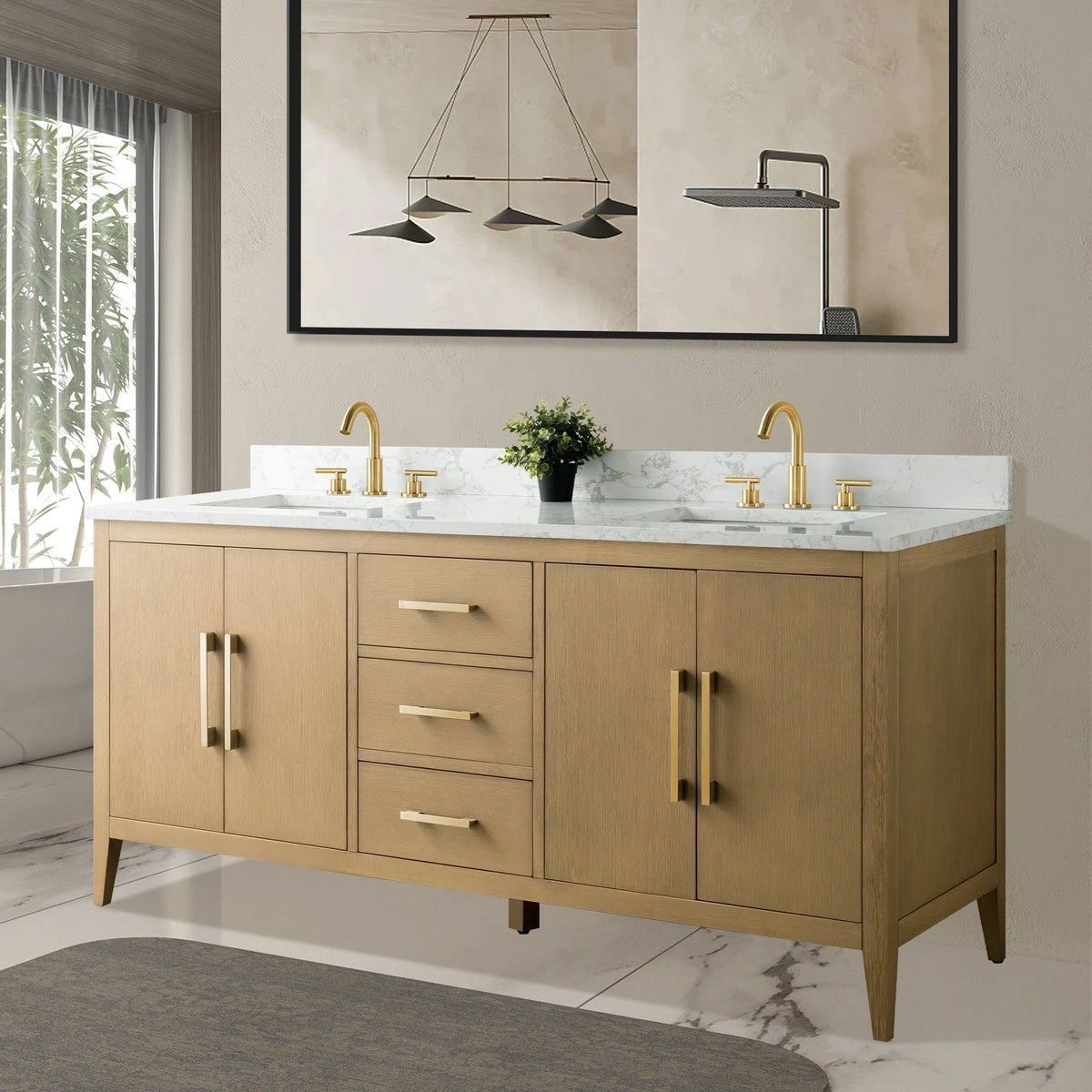 Meuble-lavabo Vanity Art 72 à double vasque avec plateau en marbre reconstitué