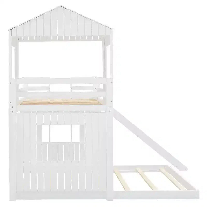 Lit superposé en bois Luxystar avec couchage supérieur une place et inférieur deux places, maisonnette, toboggan et barrières de sécurité