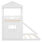 Lit superposé en bois Luxystar avec couchage supérieur une place et inférieur deux places, maisonnette, toboggan et barrières de sécurité