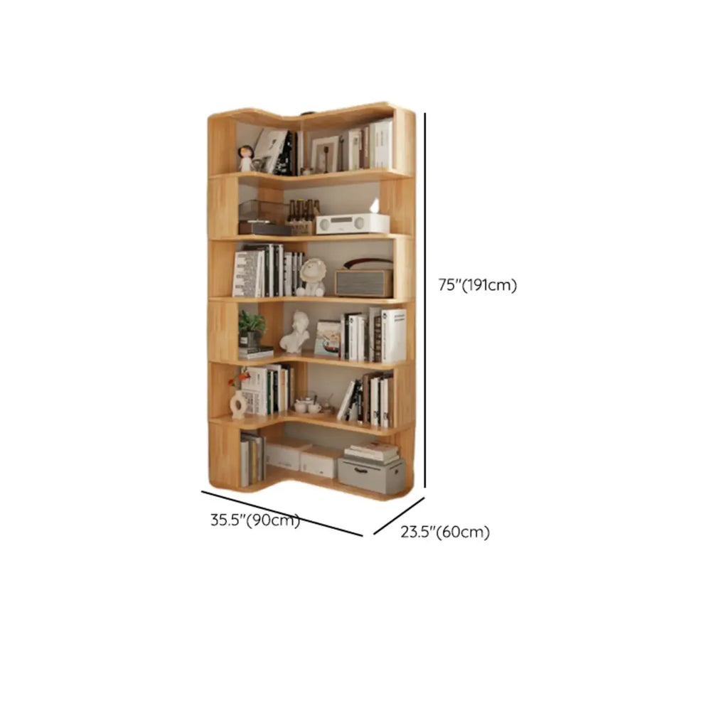 Libreria verticale in legno a forma di L con finitura naturale e schienale aperto