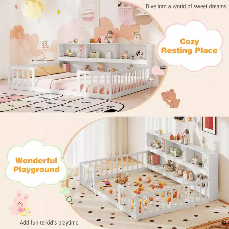 Letto a pavimento Montessori Twin/Full con libreria, ripiani contenitore e sponde di sicurezza, bianco/grigio