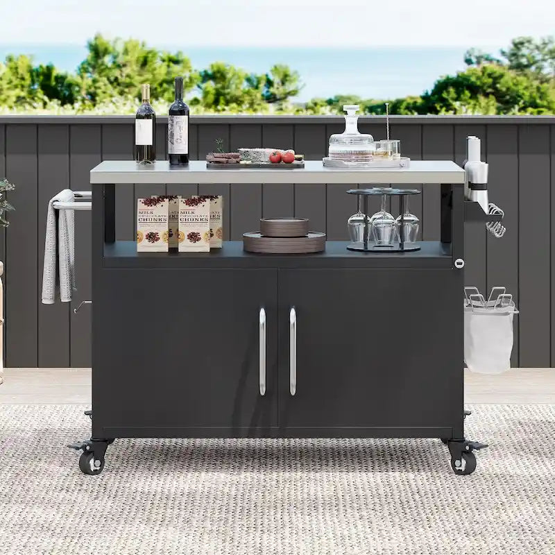 Îlot de cuisine extérieur avec plateau en acier inoxydable, chariot de gril en métal avec meuble de rangement - N/A